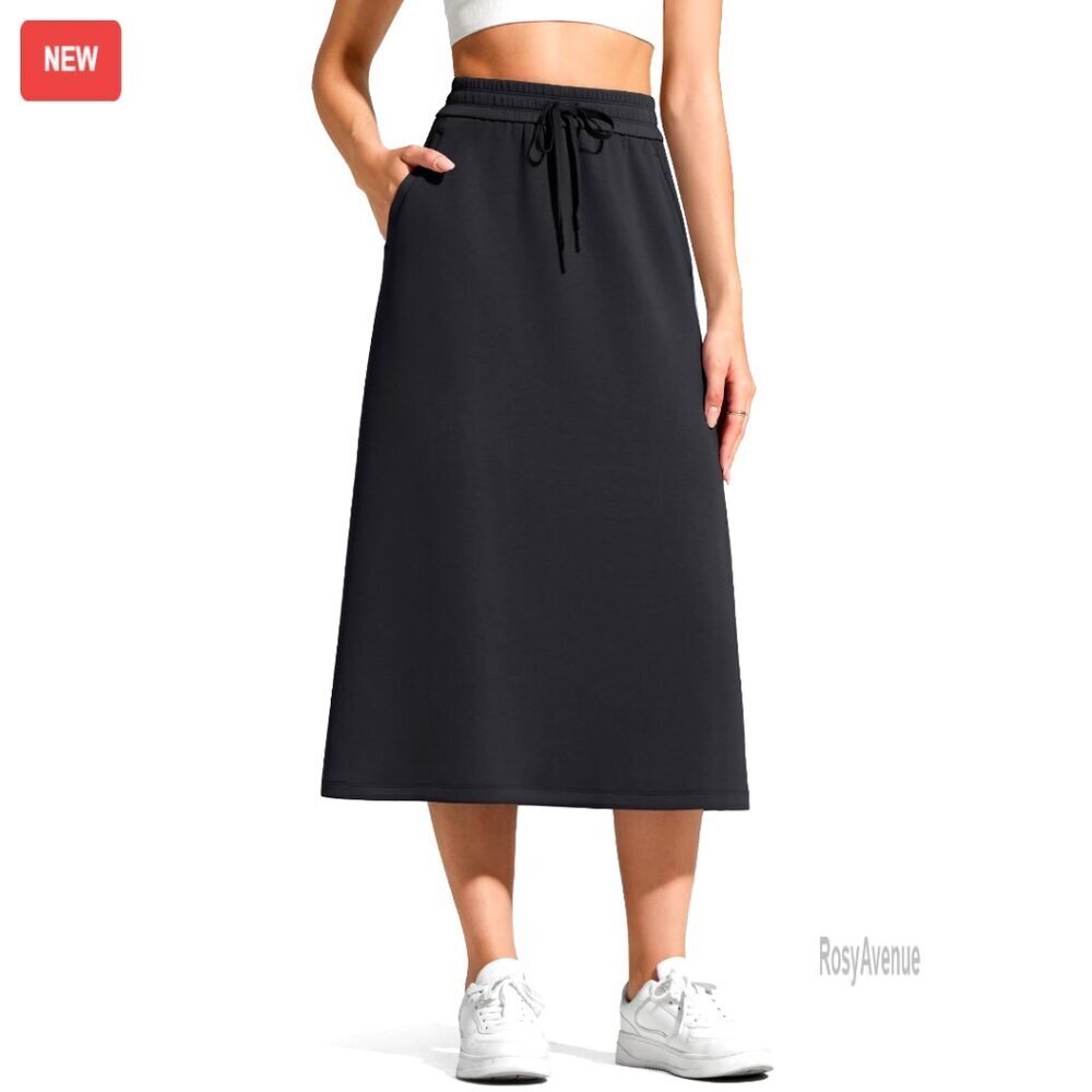 Modal Midi Skirt with Pockets, Drawstring Waist, Casual Fall Wear